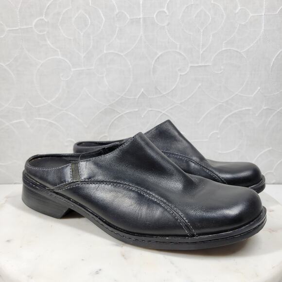 VTG Clarks Leather Mules Womens 9 Black Round Toe Slip On Comfort - Picture 3 of 15